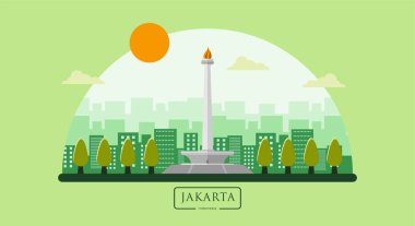 Monas Düz Vektör Tasarımı Çizimi. Endonezya Ulusal Anıtı Jakarta Şehri 'nin simgesi. Endonezya 'nın başkenti Monumen Nasional Jakarta Tugu Monas.  