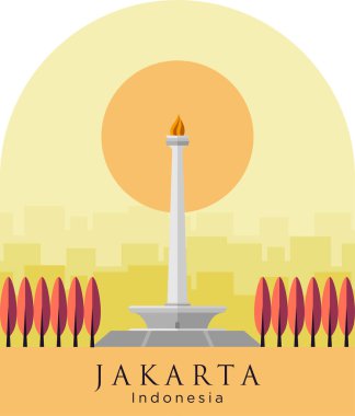 Monas Düz Vektör Tasarımı Çizimi. Endonezya Ulusal Anıtı Jakarta Şehri 'nin simgesi. Endonezya 'nın başkenti Monumen Nasional Jakarta Tugu Monas.  