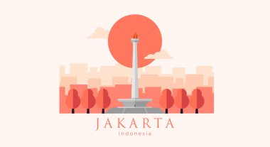 Monas Düz Vektör Tasarımı Çizimi. Endonezya Ulusal Anıtı Jakarta Şehri 'nin simgesi. Endonezya 'nın başkenti Monumen Nasional Jakarta Tugu Monas.  