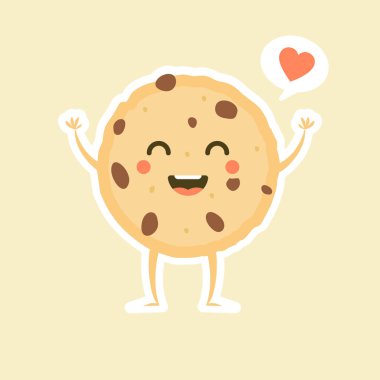Kawaii çizgi filminde komik suratlı çikolata parçalı kurabiye karakteri. Beyaz üzerine izole edilmiş şirin, mutlu kurabiye maskotu vektör çizimi. Çocuk menüsü tasarımı. Gülümseyen ve şaşırmış yüz ifadesi.