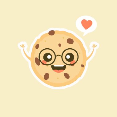 Kawaii çizgi filminde komik suratlı çikolata parçalı kurabiye karakteri. Beyaz üzerine izole edilmiş şirin, mutlu kurabiye maskotu vektör çizimi. Çocuk menüsü tasarımı. Gülümseyen ve şaşırmış yüz ifadesi.