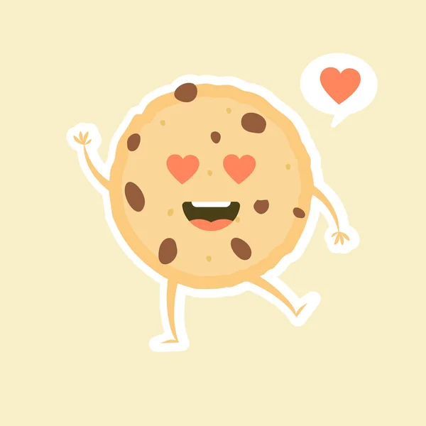 Kawaii Caricatura Chocolate Chip Cookie Personaje Con Cara Divertida Linda — Vector de stock