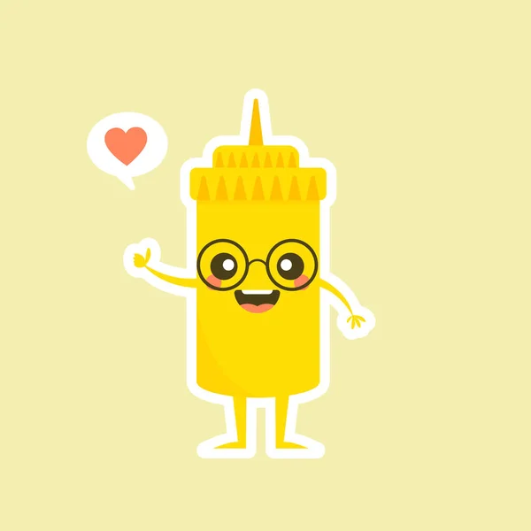 Mostarda Bonito Molho Amarelo Garrafa Vetor Ilustração Cartoon Kawaii Sorriso — Vetor de Stock