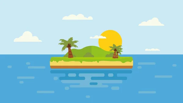 Vista Dibujos Animados Isla Mar Con Paisaje Montaña Con Sol — Vector de stock