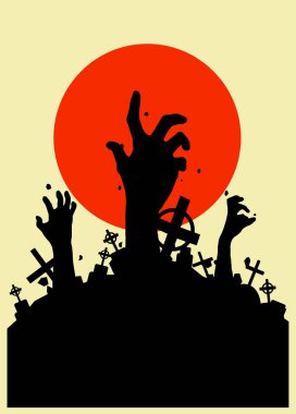 Vector illustration, Flat Style, Horror halloween background, silhouette of zombie hands come out of the ground or the cemetery on top there is a full moon, can use for card, poster, banner, invitation clipart