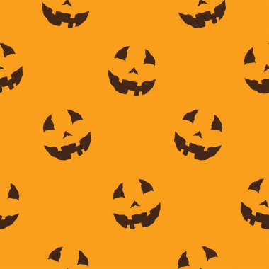 Cadılar Bayramı kusursuz. Turuncu arka planda yanan Jack-O-Lantern yüzlü, kusursuz vektör deseni.