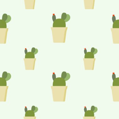 Kusursuz kaktüs deseni, yumuşak renkli arka planda sulu saksı. Kumaş, ambalaj, kutu, karton, ambalaj kağıdı için. Çizgi film tarzı vektör. Pastel renkler üzerine kaktüs düz tasarımı