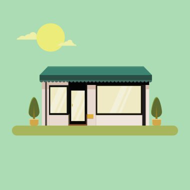 Dükkan, market, kafe, fırın, berber dükkanı veya kafe dairesi tasarımı. Şirin apartman tasarımı vektör çizimi. Fabrikalı cephe binası