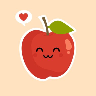 Şirin ve komik kırmızı elma karakteri, maskot, dekorasyon unsuru, renkli arkaplanda izole edilmiş çizgi film vektör illüstrasyonu. Kırmızı elma komik karakter, çocuklar için sağlık hizmeti kavramı. Kawaii Elması