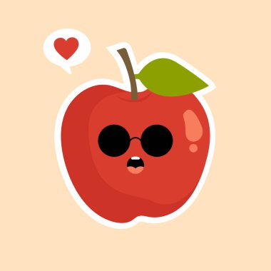 Şirin ve komik kırmızı elma karakteri, maskot, dekorasyon unsuru, renkli arkaplanda izole edilmiş çizgi film vektör illüstrasyonu. Kırmızı elma komik karakter, çocuklar için sağlık hizmeti kavramı. Kawaii Elması