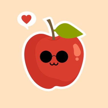 Şirin ve komik kırmızı elma karakteri, maskot, dekorasyon unsuru, renkli arkaplanda izole edilmiş çizgi film vektör illüstrasyonu. Kırmızı elma komik karakter, çocuklar için sağlık hizmeti kavramı. Kawaii Elması