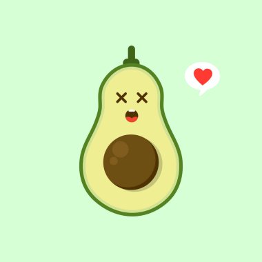 Komik, mutlu, mutlu, gülümseyen avokado. Vektör düz çizgi film karakteri Kawaii illüstrasyon simgesi. Renk arkaplanından izole edilmiş. Meyve avokadosu kavramı