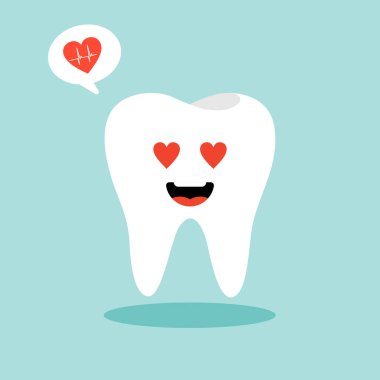 Düz stil vektör çiziminde diş karakteri. Beyaz dişler ve düz diş simgeleri. Şirin vektör karakterleri. Diş ağrısı ve tedavi hakkında çocuk dişçiliği illüstrasyonu.