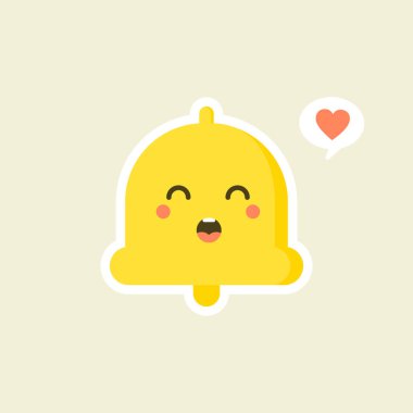 Kawaii el çanı düz tasarımı. Mutlu tebligatlar, duyurular. Hatırlatma alarmı. Emoji, ifade. İzole edilmiş şirin vektör illüstrasyonu