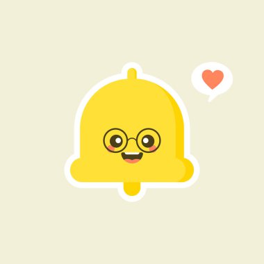 Kawaii el çanı düz tasarımı. Mutlu tebligatlar, duyurular. Hatırlatma alarmı. Emoji, ifade. İzole edilmiş şirin vektör illüstrasyonu