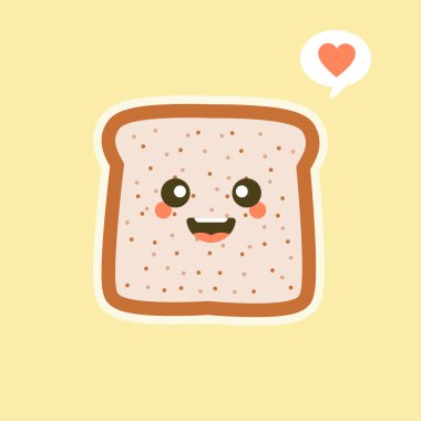 vektör komik çizgi film tatlı dilimlenmiş ekmek karakteri renk arkaplan izole. Fırın etiket maskotu. Vektör düz çizgi film karakteri çizim simgesi. Tost, günaydın kartı, kahvaltı konsepti.