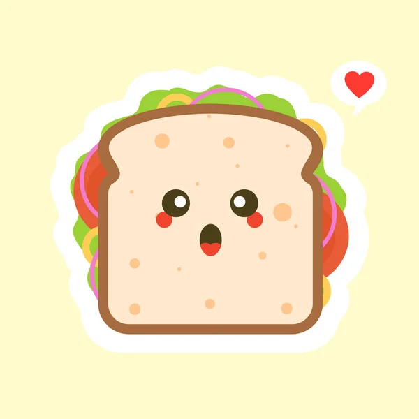 Carino Kawaii Carattere Pane Sandwich Con Verdure Colazione Fetta Formaggio — Vettoriale Stock