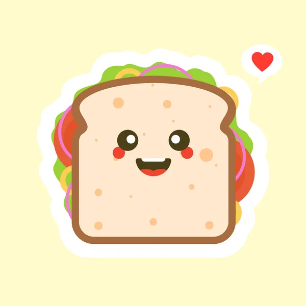 Mignon Kawaii Pain Sandwich Caractère Avec Des Légumes Petit Déjeuner — Image vectorielle