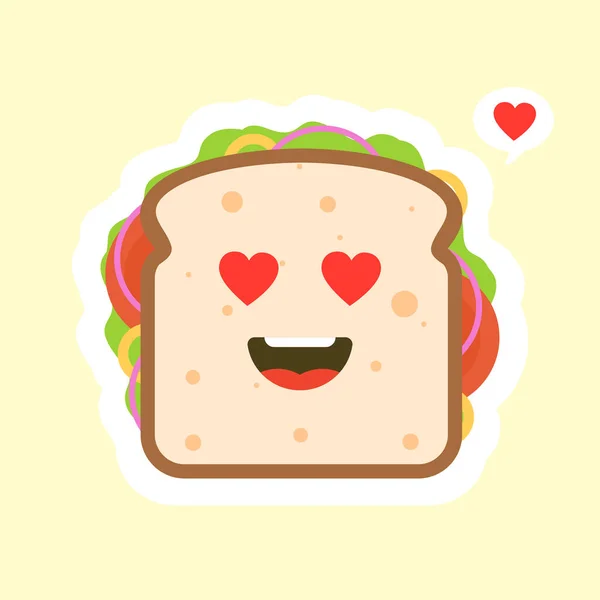 Mignon Kawaii Pain Sandwich Caractère Avec Des Légumes Petit Déjeuner — Image vectorielle