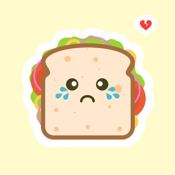 Roztomilý Kawaii Sendvičového Chleba Charakter Zeleninou Snídaně Plátek Sýrového Sendviče — Stockový vektor