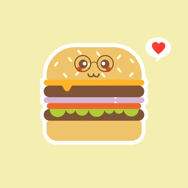 Felice Sorridente Divertente Hamburger Carino Vettore Piatto Cartone Animato Personaggio — Vettoriale Stock