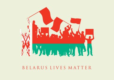 Belarus tasarım illüstrasyonunu protesto ediyor. Beyaz Rusyalıların özgürlüğü. Afişler için vektör illüstrasyonu. İnsanlık, barış, bağış, yardım ve savaş karşıtı tasarım