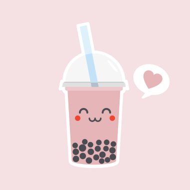 Tapyokalı tatlı Boba sütlü çay. İnci sütü çayı, siyah lezzetli inciler Tayvan meşhurudur. Popüler içki. Vektör çizimi. Karakter çizgi filmi. Şirin çıkartma. Kawaii çizgi filmi Emoji..