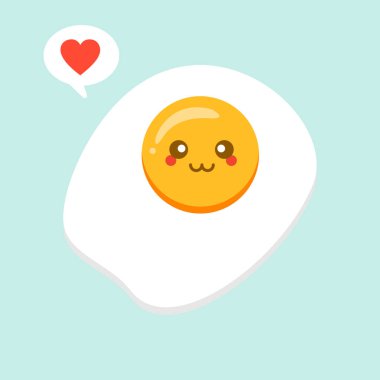 Arka plan vektör illüstrasyonunda izole edilmiş tatlı kızarmış yumurta çizgi film karakteri. Komik fast food menüsü yüz simgesi. Endişeli çizgi film yüz yüze yemek, komik çırpılmış yumurta animasyonu maskot