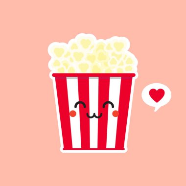 Şirin ve Kawaii Patlamış Mısır Patlamış Mısır Kırmızı Kova Kutusu Sinema Atıştırma Vektörü Çizgi Film Karakteri Simgesi Düz Tasarım Simgesi.