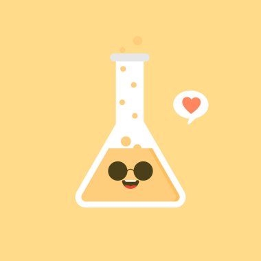 kawaii ve sevimli karakter Erlenmeyer kimyasal matara düz tasarım vektör çizimi. Bilim deneyi, araştırma laboratuvarı elementleri düz stil, kimya, biyoloji, fizik, ilaç, tıbbi