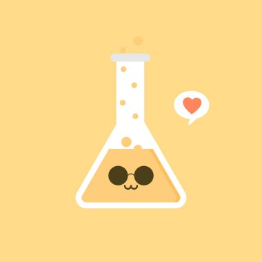 kawaii ve sevimli karakter Erlenmeyer kimyasal matara düz tasarım vektör çizimi. Bilim deneyi, araştırma laboratuvarı elementleri düz stil, kimya, biyoloji, fizik, ilaç, tıbbi
