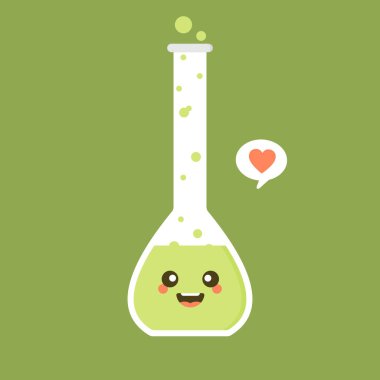 kawaii ve sevimli karakter hacimli matara kimyasal düz tasarım vektör çizimi. Bilim deneyi, araştırma laboratuvarı elementleri düz stil, kimya, biyoloji, fizik, ilaç, tıbbi