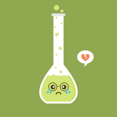 kawaii ve sevimli karakter hacimli matara kimyasal düz tasarım vektör çizimi. Bilim deneyi, araştırma laboratuvarı elementleri düz stil, kimya, biyoloji, fizik, ilaç, tıbbi