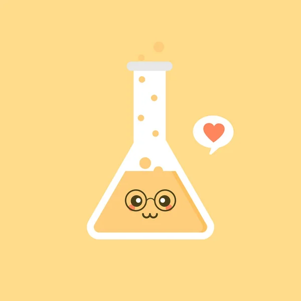 Kawaii Lindo Personaje Erlenmeyer Frasco Químico Diseño Plano Vector Ilustración — Vector de stock