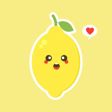 Komik ve kawaii limon karakterleri mutlu ifadeler. Çizgi film vektör çizimi renk arkaplanında izole edildi. Komik limon karakterleri, maskotlar, simgeler..