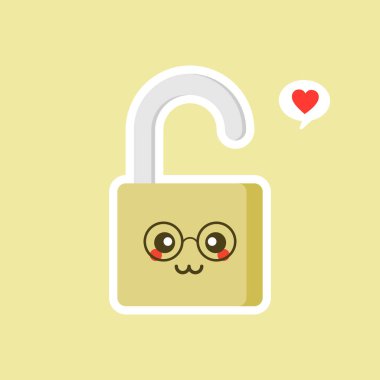 Kilit simgesini aç. Güvenli asma kilit Kawaii karakteri. Gülümseyen asma kilit renk simgesi. Güvenilir şifre. Koruma, güvenlik. Kolay güvenlik. Mutlu asma kilit. Emoji, ifade. İzole vektör illüstrasyonu
