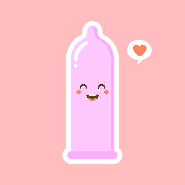 Şirin ve kawaii kondomu şekilli komik emoticonlar. Lateks doğum kontrol emojisi sembolleri. Sosyal iletişim ve sohbet vektörü unsurları. Gülen surat ifadesi. Güvenli seks çıkartması koleksiyonu.