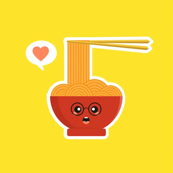 Lindo Kawaii Ramen Bowl Carácter Estilo Plano Fideos Con Ilustración — Archivo Imágenes Vectoriales