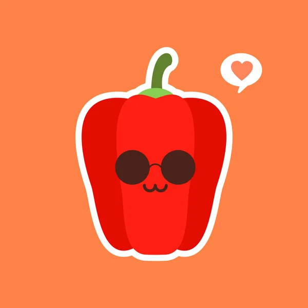 Leuke Kawaii Rode Paprika Gezond Voedsel Concept Peper Met Emoji — Stockvector