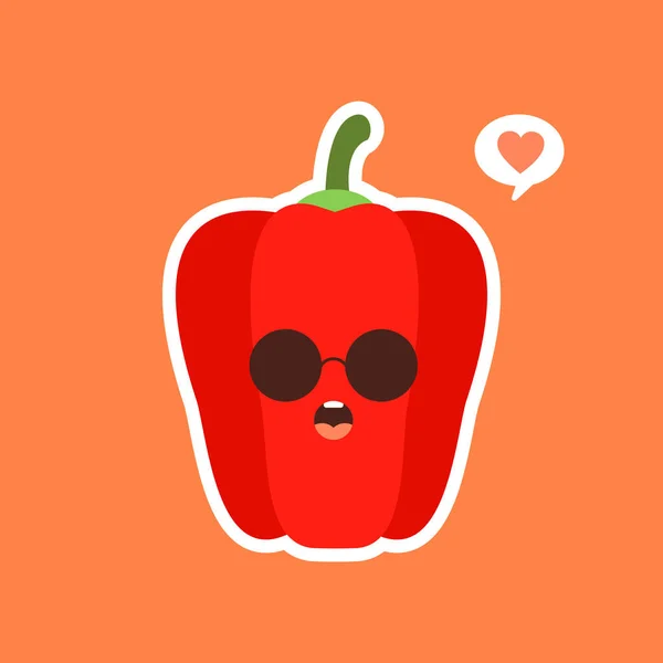 Leuke Kawaii Rode Paprika Gezond Voedsel Concept Peper Met Emoji — Stockvector