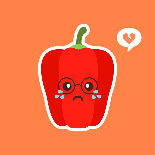 Leuke Kawaii Rode Paprika Gezond Voedsel Concept Peper Met Emoji — Stockvector