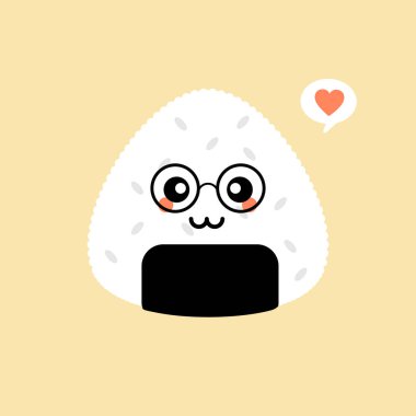 Vektör çizimi. Onigiri şirin ve kawaii karakter logosu tasarımı. Japon pirinç topu.