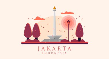 Monas Düz Vektör Tasarımı Çizimi. Endonezya Ulusal Anıtı Jakarta Şehri 'nin simgesi. Endonezya 'nın başkenti Monumen Nasional Jakarta Tugu Monas.