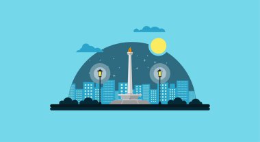 Monas Düz Vektör Tasarımı Çizimi. Endonezya Ulusal Anıtı Jakarta Şehri 'nin simgesi. Endonezya 'nın başkenti Monumen Nasional Jakarta Tugu Monas.