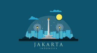 Monas Düz Vektör Tasarımı Çizimi. Endonezya Ulusal Anıtı Jakarta Şehri 'nin simgesi. Endonezya 'nın başkenti Monumen Nasional Jakarta Tugu Monas.