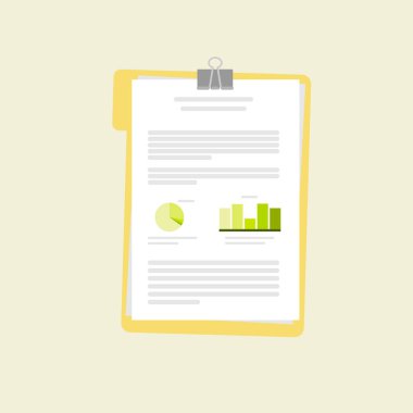 Veri ve istatistiklerle dolu bir belge. İzole vektör çizimi. Klasör ve beyaz kağıtlar. Günlük ya da araştırma kağıdı düz tasarımı.