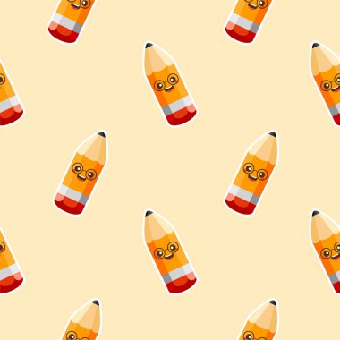 Kalem karikatürü kusursuz desen. Kawaii kalem maskotu. Çocuk için tasarım, kumaş tasarımı, tekstil, ambalaj kağıdı, arkaplan, kartlar için kullanılabilir