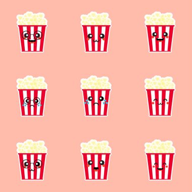 Tatlı patlamış mısır. Sinema çerezi. Vector Illustration Çizgi Film Karakter Simgesi el çizimi beyaz arka planda izole edilmiş şirin patlamış mısır kutuları. Farklı kawaii duyguları olan vektör çizgi film karakteri.