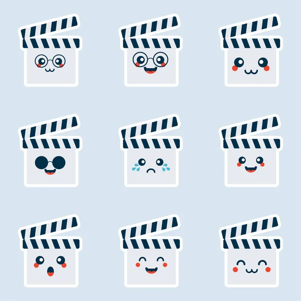 Conjunto Iconos Lindos Clapperboard Diferentes Expresiones Diseño Plano Avatares Tarjetas — Vector de stock
