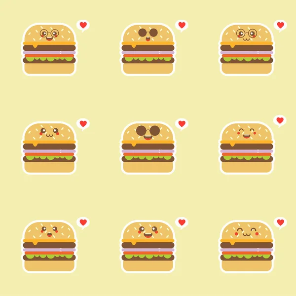 Kawaii Burger Tecknad Karaktär Söt Vektor Mall Uppsättning Maskot Illustrationer — Stock vektor